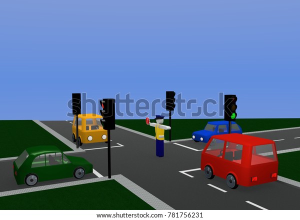 Traffic control by a policeman with\
same-colored traffic light: free driving with intersection and\
colorful cars. 3d\
rendering