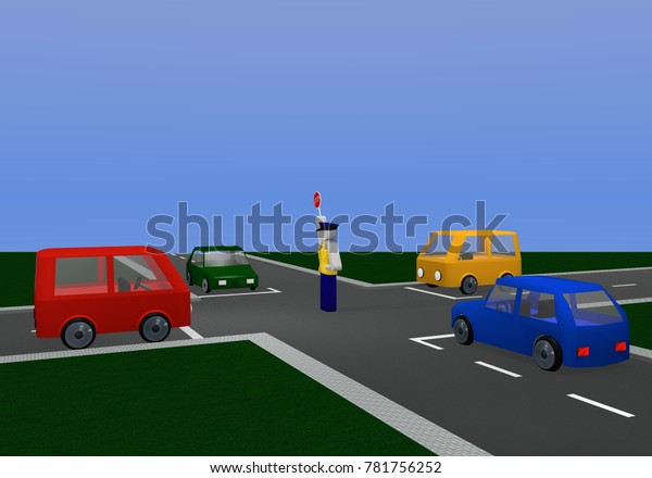 Traffic\
control by a policeman: for yellow traffic light phase with\
intersection and colorful cars. 3d\
rendering