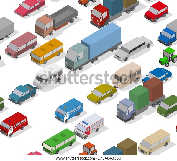 Traffic Jam. Isometric Cars and Houses\
for Illustration Seamless Pattern. Raster version.\
3d