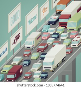 Traffic Jam On The Highway, Crowd Of Cars And Trucks And A Serie Of Billboard Posters With Positive Messages On Background 3D Illustration