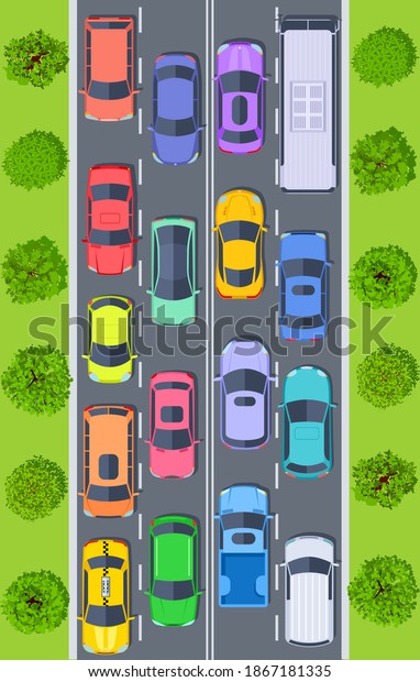 Traffic jam. Top view\
trucks and cars on highway road stuck in traffic. Urban transport\
management\
concept