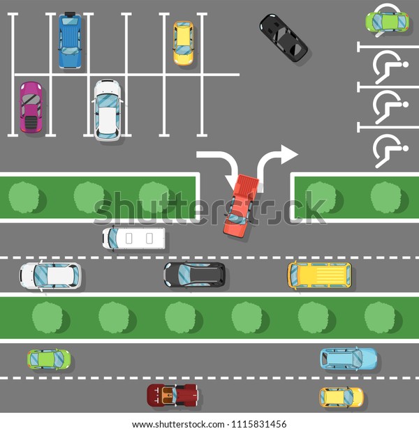 Traffic laws poster in\
flat style. Urban traffic concept, top view parked cars in parking\
zone, public parking lot, city transport services. Highway code\
banner\
illustration.