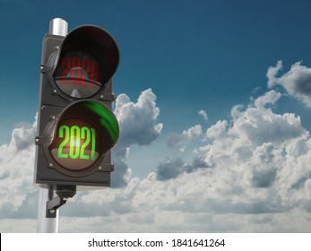 Traffic Light With Green Light 2021 And Red 2020 On Sky Background. Start New 2021 Year Concept. 3d Illustration