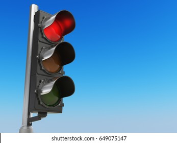 Traffic Light With Red Color On Blue Sky Background. Stop Concept. 3d Illustration.