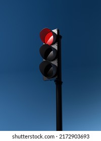 Traffic Light With Working Red Signal Isolated On Blue Sky Background. Stop Signals. Mock-up Or Source. 3d Render