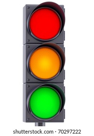 Traffic Lights With Red, Yellow And Green Lights On White Background