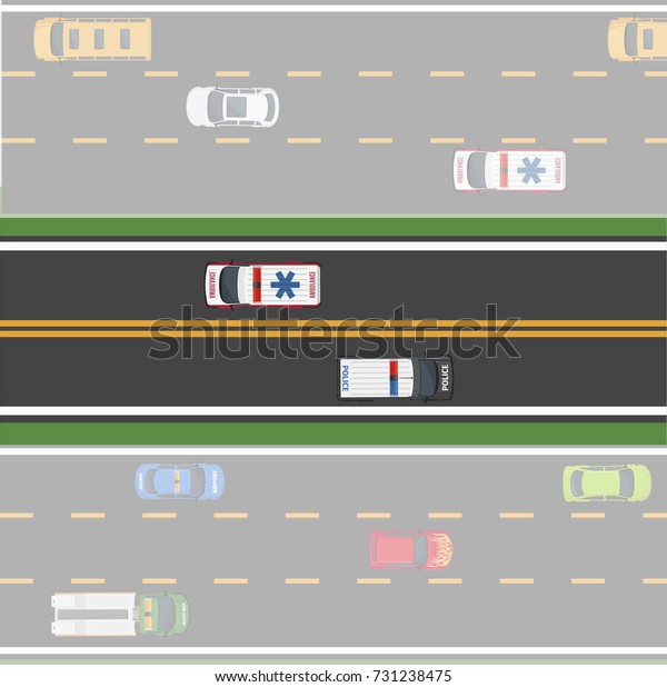 Traffic news icon with road lines and\
transportation on it. illustration of two clearly seen lines of\
asphalt road with ambulance and police vehicles, and other darkened\
lines with\
transport.