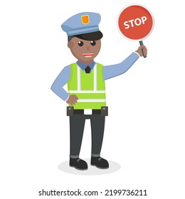 Traffic Police African Holding Stop Sign Design Character On White Background