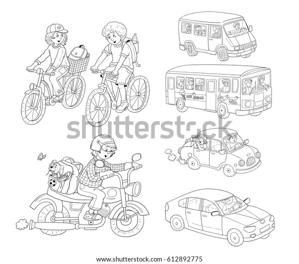 Traffic.\
Small set of different vehicles. Car, bus, minibus, bike,\
motorcycle, bicycle. Illustration for children. Coloring page. Cute\
and funny cartoon characters isolated on\
white