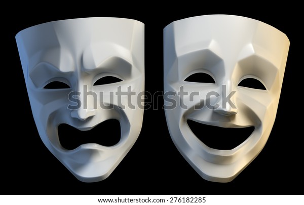 Tragicomic Theater\
Masks. Tragedy and comedy grotesque masks. 3D rendered image\
isolated on black\
background.