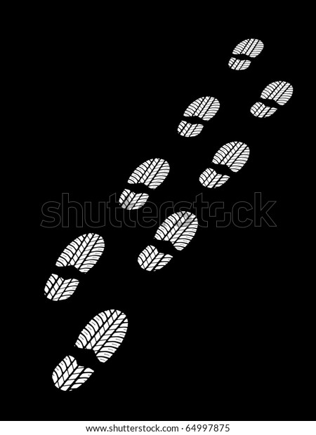 Trail of footprints with tires tread isolated
on black
background