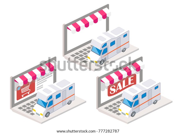 Trailer online  illustration. Isometric 3d\
camper car or motor home for sale or rental on laptop keyboard.\
Online shopping, e-commerce concept design elements isolated on\
white\
background.