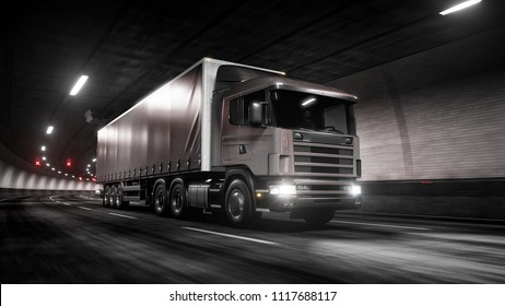 Trailer truck rides trough tunnel 3d rendering