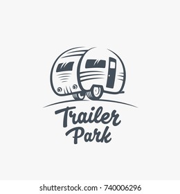 Trailer or Van Park  Logo Template. Silhouette Tourism Icon. Label with Retro Typography. Isolated. Raster copy.