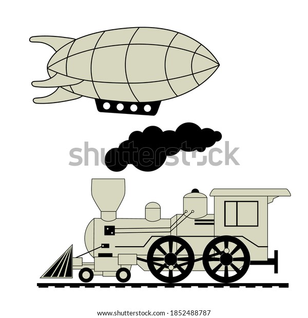 Train and\
airship drawing on a white\
background
