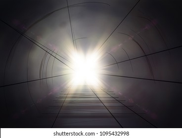A train coming from tunnel illustration  light end the tunnel  hope   fear concept sketch color drawing