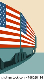 Train Freight transportation. Cargo transit. Container textured by flag of the USA