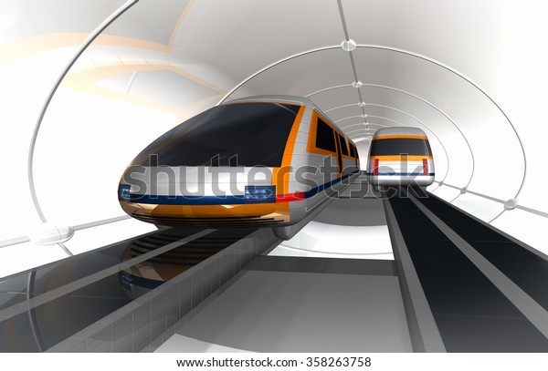 Train of future. Concept of magnetic\
levitation train moving in the glass tunnel with rarefied air. 3d\
rendering\
illustration.