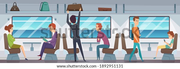 Train interior. People inside subway\
transport metro trains cartoon\
illustration