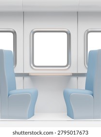 Train interior seats facing each other in a modern passenger cabin with blue upholstery and large windows, rendered in a clean front view, ideal for transportation and travel concepts.