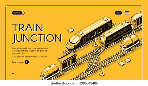 Train Junction, Transport Node Isometric Web Banner With Passenger And Freight Trains With Wagons On Rail Routes Converge, Line Art Illustration. Railroad Or Transport Company Landing Page