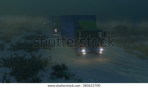 Train of military trucks with\
luminous headlights move on a desert road at night. High angle\
view. Realistic 3D illustration was done from my own 3D rendering\
file.