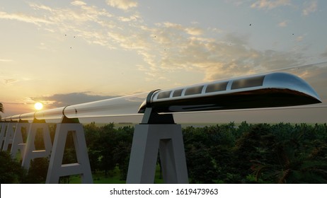 Train Of Monorail Maglev Hyperloops Inside A Glass Tube Moves At High Speed 3d Render