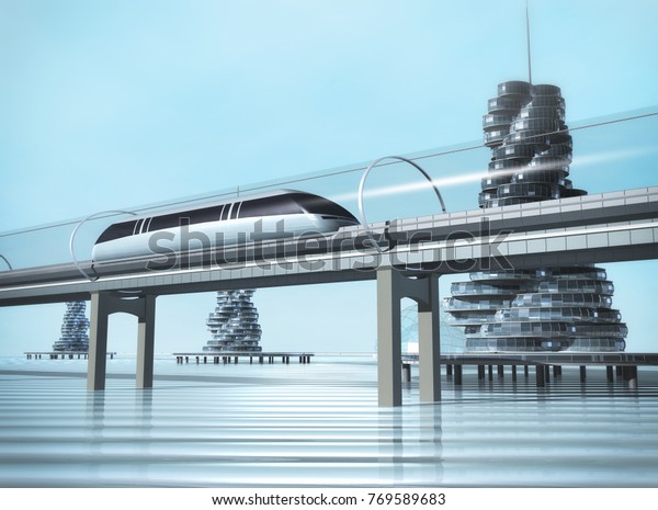 The train moving on the overpass and the city on
the water. Concept of modern transport. Futuristic landscape. 3d
rendering image