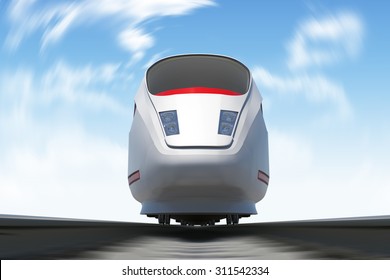 Train moving on rail-tracks on nature background, front view