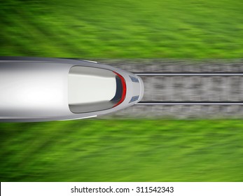 Train Moving On Rail-tracks On Nature Background, Top View