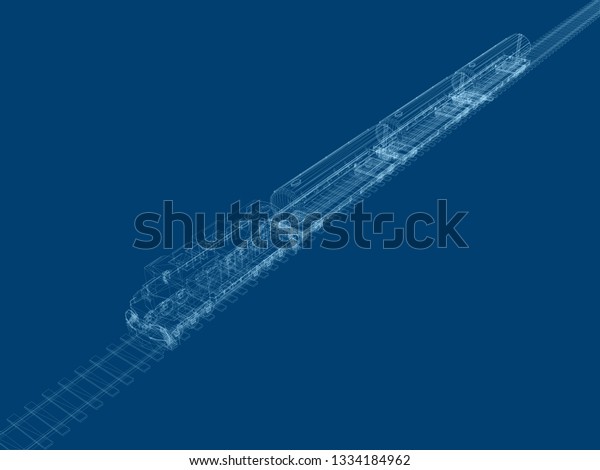 Train on rails with tanks. Train wireframe\
of blue lines on a dark background. Polygonal train with fuel tanks\
in isometric. 3D\
illustration