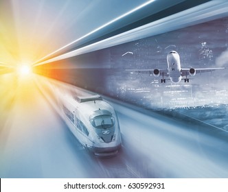 Train And Plane Traveling With Great Velocity In Modern Times
