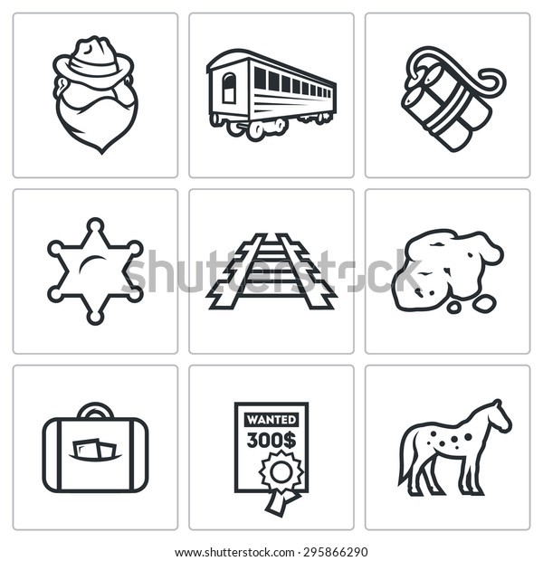 Train robbery in the\
Wild West icons set.\
Isolated Flat Icons collection on a white\
background for\
design