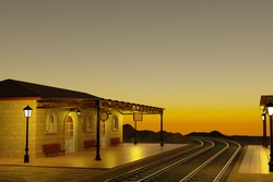 Train Station At Sunrise. 3D Illustration