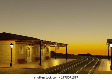 Train Station At Sunrise. 3D Illustration