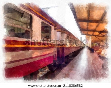 Train at a train station in Thailand watercolor style illustration impressionist painting.

