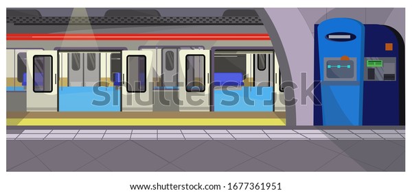 列車の停車イラスト コントロールブースと空の電車を持つ現代の地下鉄の駅 メトロのイラスト のイラスト素材