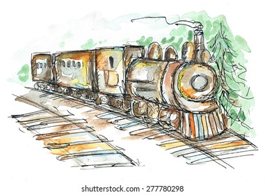 Train Watercolor And Ink Sketch Illustration