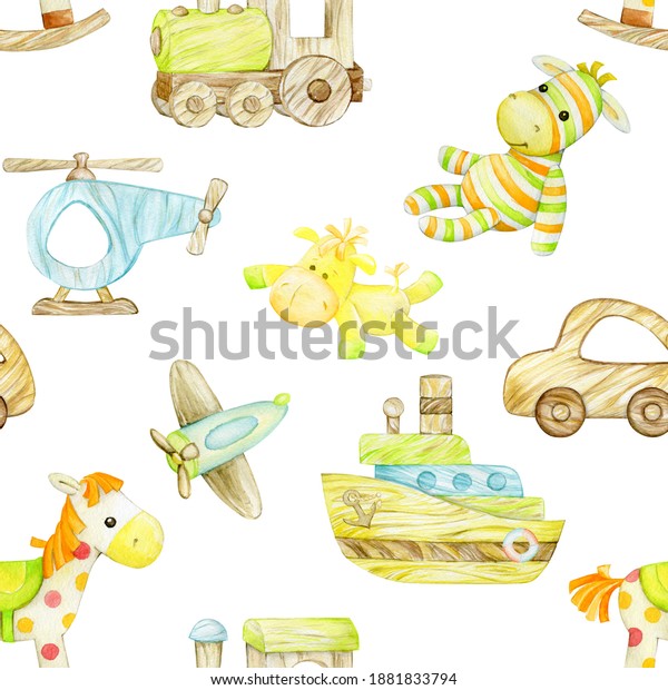 Train, zebra, horse, plane, boat, helicopter,\
car, wooden toys in cartoon style. Watercolor seamless pattern, on\
an isolated\
background.
