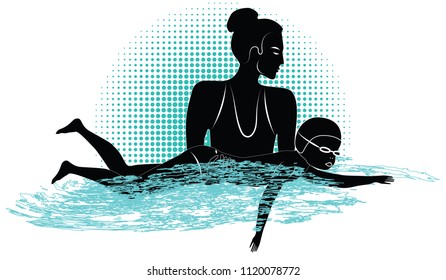 Trainer woman teaches a swim small child - abstract grunge background -  bitmap image - Powered by Shutterstock