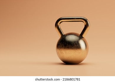 Training With Kettlebells In The Gym. Professional Powerlifting. Kettlebell Golden Color With Shadow On A Pastel Background With Space For Text. 3d Render. 3d Illustration