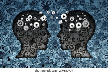 Training Neuroscience Development Concept As A Group Of Cog Wheels And Gears Shaped As Human Heads With Information Transfer As A Technology Brain Symbol Or Psychology Exchange Success.