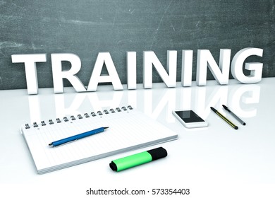 Training - text concept with chalkboard, notebook, pens and mobile phone. 3D render illustration.