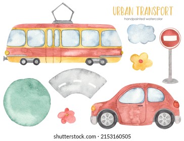 Tram, car, road, traffic sign, flower bed, flowers City transport watercolor