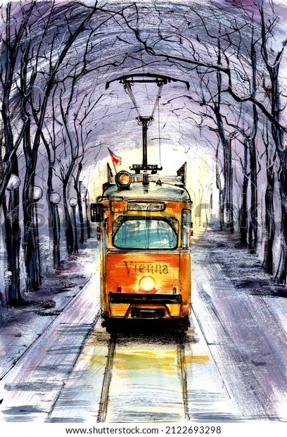 Tram in winter\
Vienna. Watercolor\
drawing.