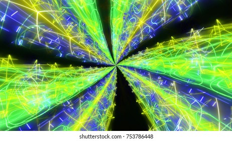 A trancelike 3d rendering of some psychedelic backdrop with yellow, blue and black color streams of thought forms flying from the center. They are full of inspiring lines and shapes.  