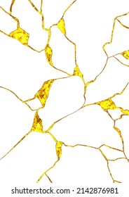 Trandy Kintsugi Pattern. Japanese Art Kintsukuroi With Golden Lines. Stone, Marble Texture With Gold Crackle