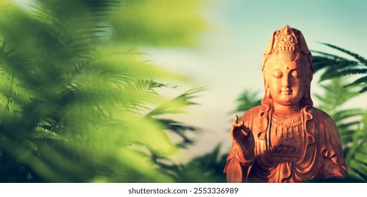 Tranquil buddha statue amidst serene nature background. 3d render - Powered by Shutterstock