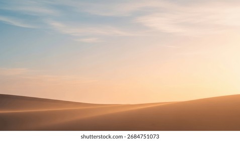 A tranquil desert scene featuring smooth sand dunes under a pastel-colored sky during sunrise, evoking calmness and natural beauty with warm light and expansive horizon.