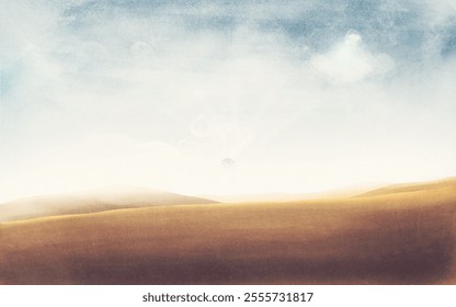 A tranquil desert scene with soft rolling hills and a hazy sky, capturing the peaceful essence of the sunset in a warm color palette. - Powered by Shutterstock